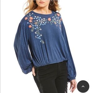 CHELSEA & VIOLET‎ EMBROIDERED LONG SLEEVE TOP, BLUE, SIZE L (NWT)